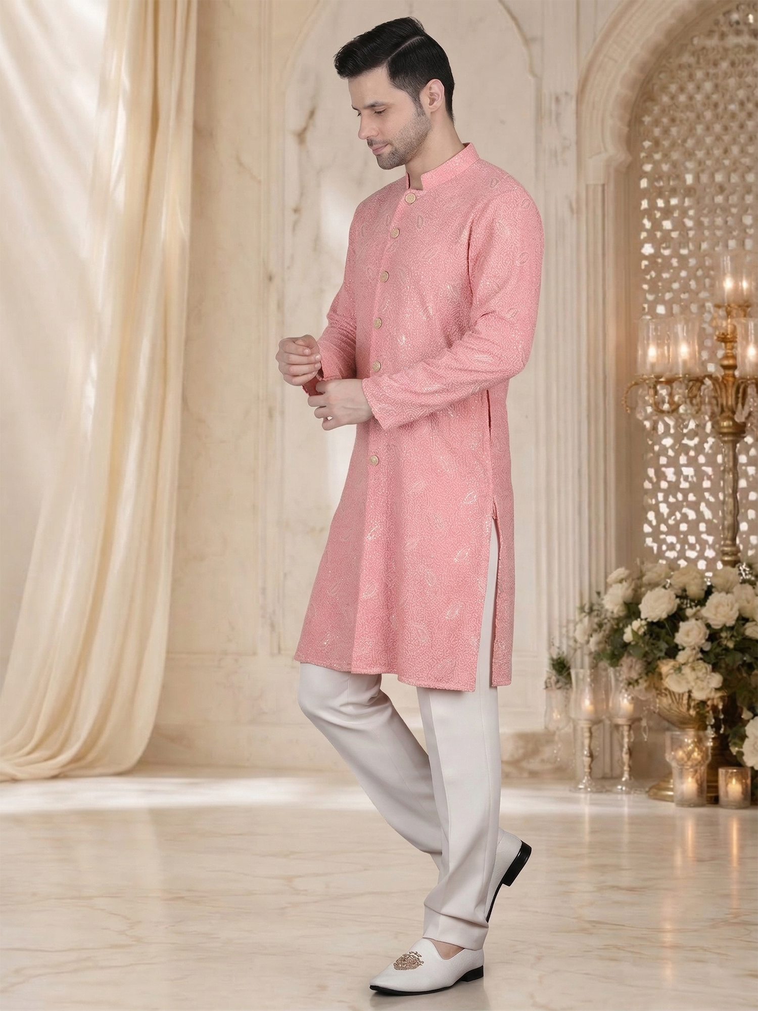 Peach Thread Embroidery Kurta Set for Reception - Image 4