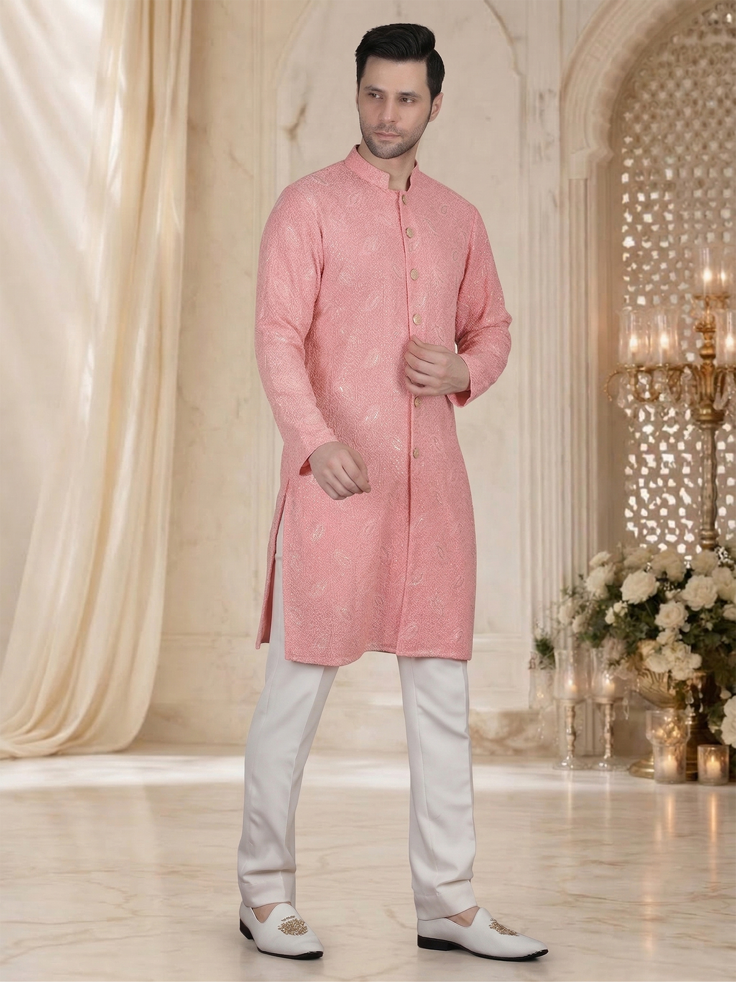 Peach Thread Embroidery Kurta Set for Reception - Image 5