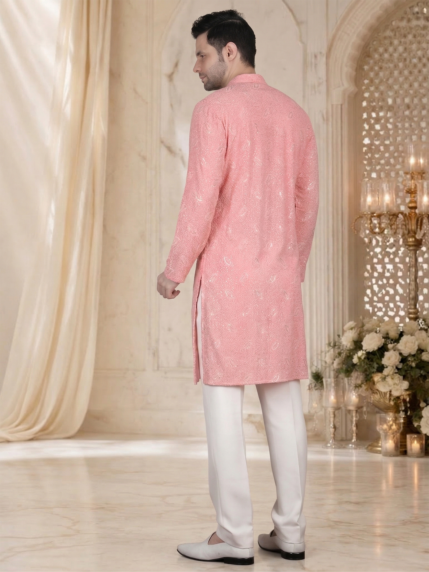 Peach Thread Embroidery Kurta Set for Reception - Image 6