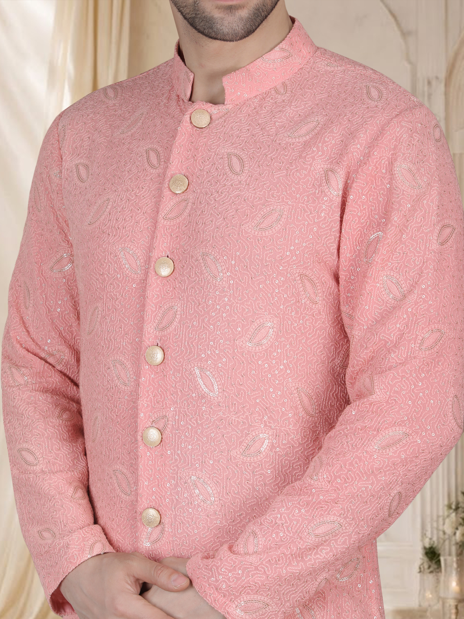 Peach Thread Embroidery Kurta Set for Reception - Image 7