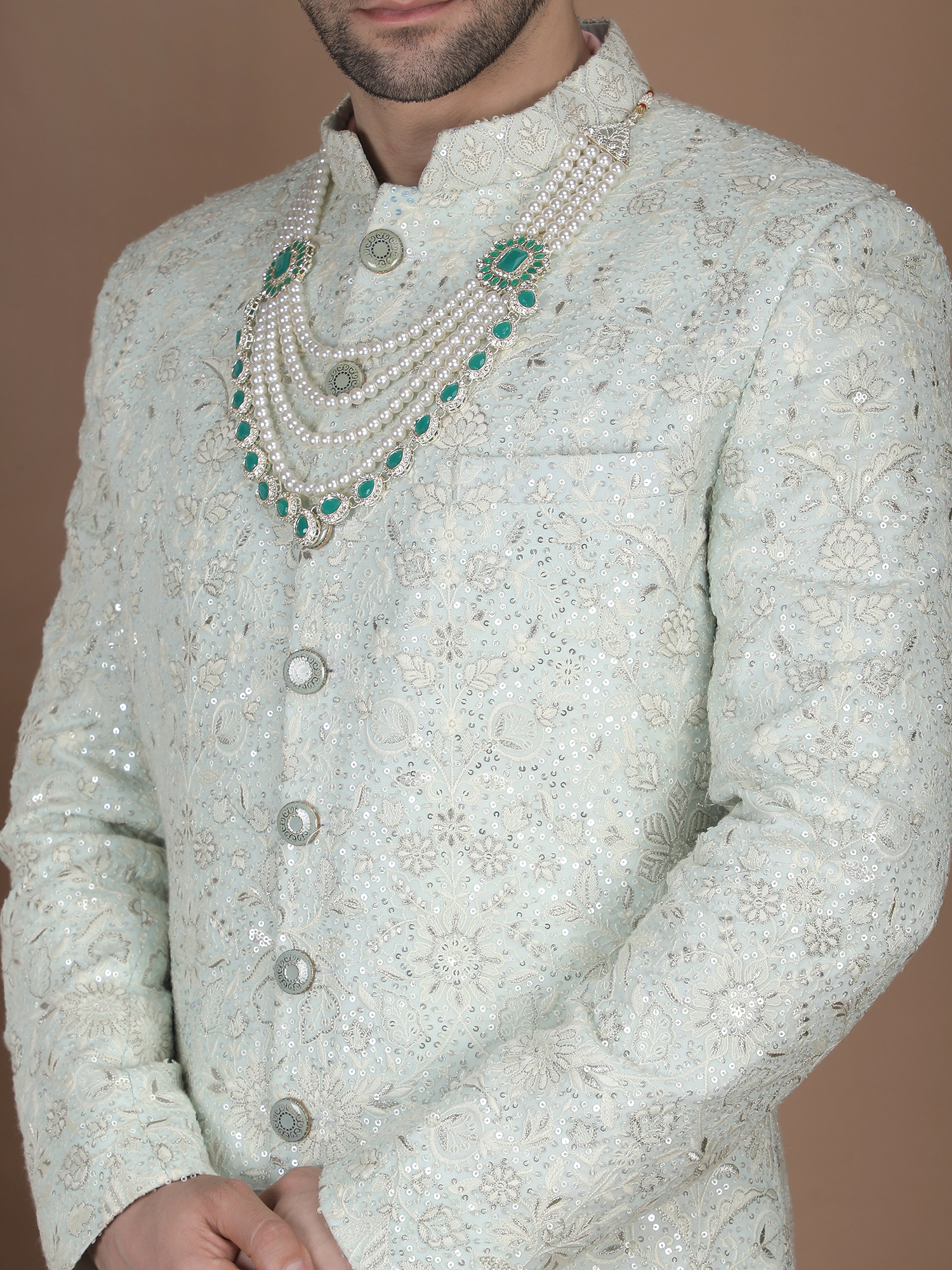 Ivory Silk Sherwani with All-Over Resham Embroidery & Sequin Detailing - Image 5