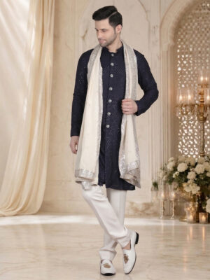 Navy blue self texture kurta set reception micro pattern design