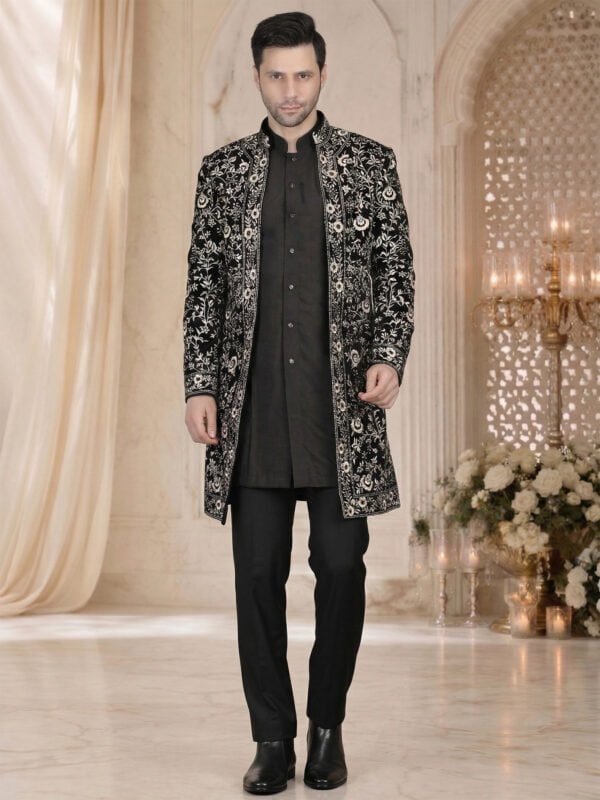 Black embroidered indo western sherwani jacket with floral pattern for men festive party wear