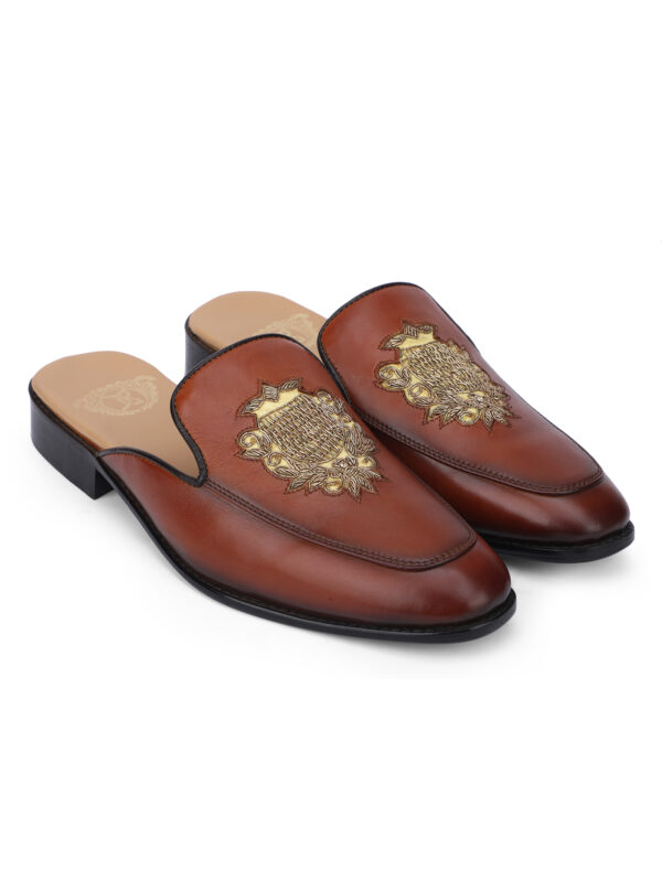 Men’s Brown Leather Crest Mule Loafers