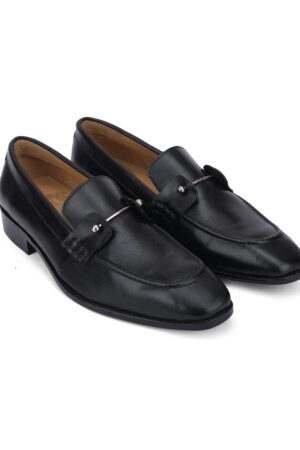 Men’s Black Leather Metal Bar Loafers