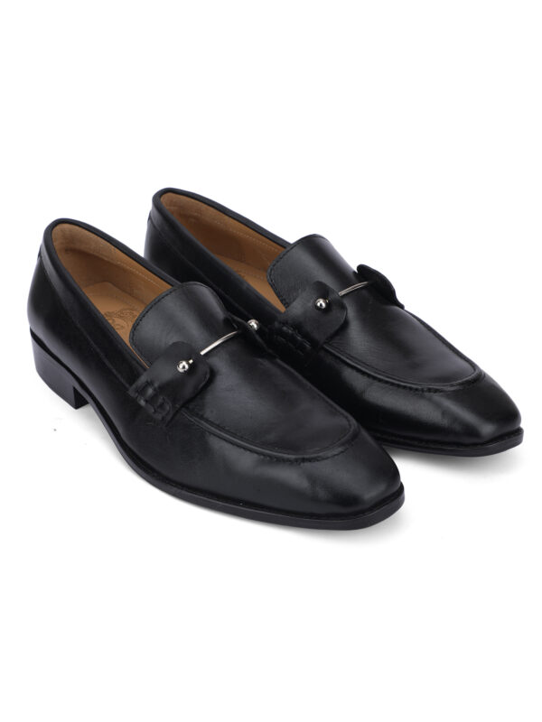 Men’s Black Leather Metal Bar Loafers