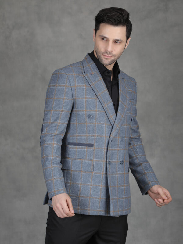 Men’s Blue Grey Wool Blend Check Blazer with Elbow Patches – Smart Casual Winter Jacket
