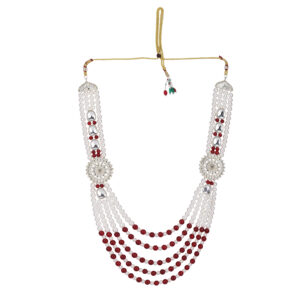 Royal Red & Pearl Sherwani Mala with Silver Medallions