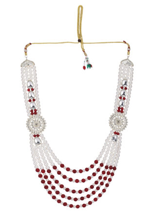 Royal Red & Pearl Sherwani Mala with Silver Medallions