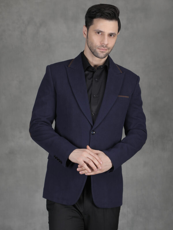 Men’s Navy Blue Wool Blazer with Suede Elbow Patches – Premium Winter Formal Jacket