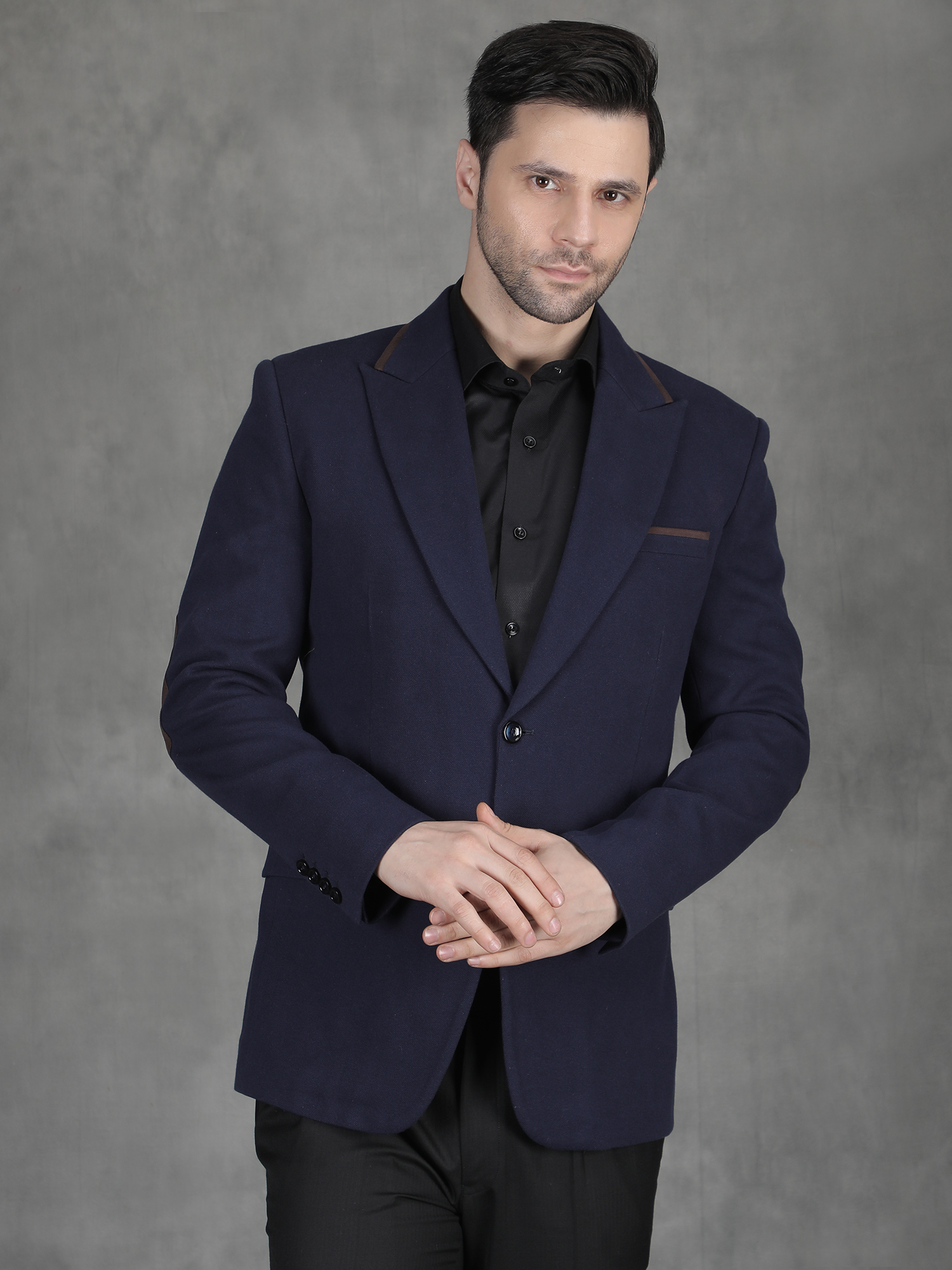 Navy wool blend blazer with elbow patch winter men’s wear