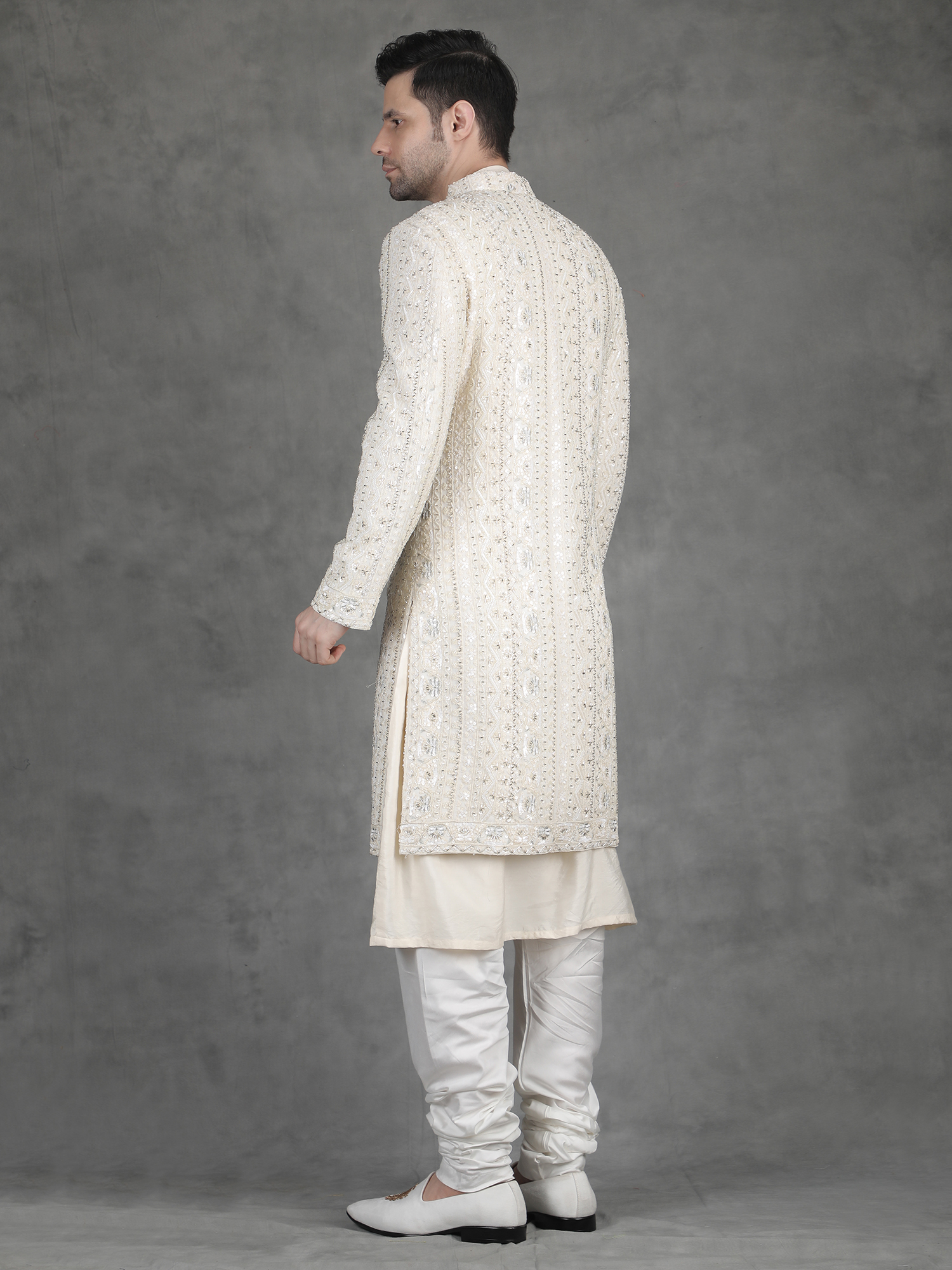 Ivory Sequin Embroidery Sherwani for Groom - Image 7
