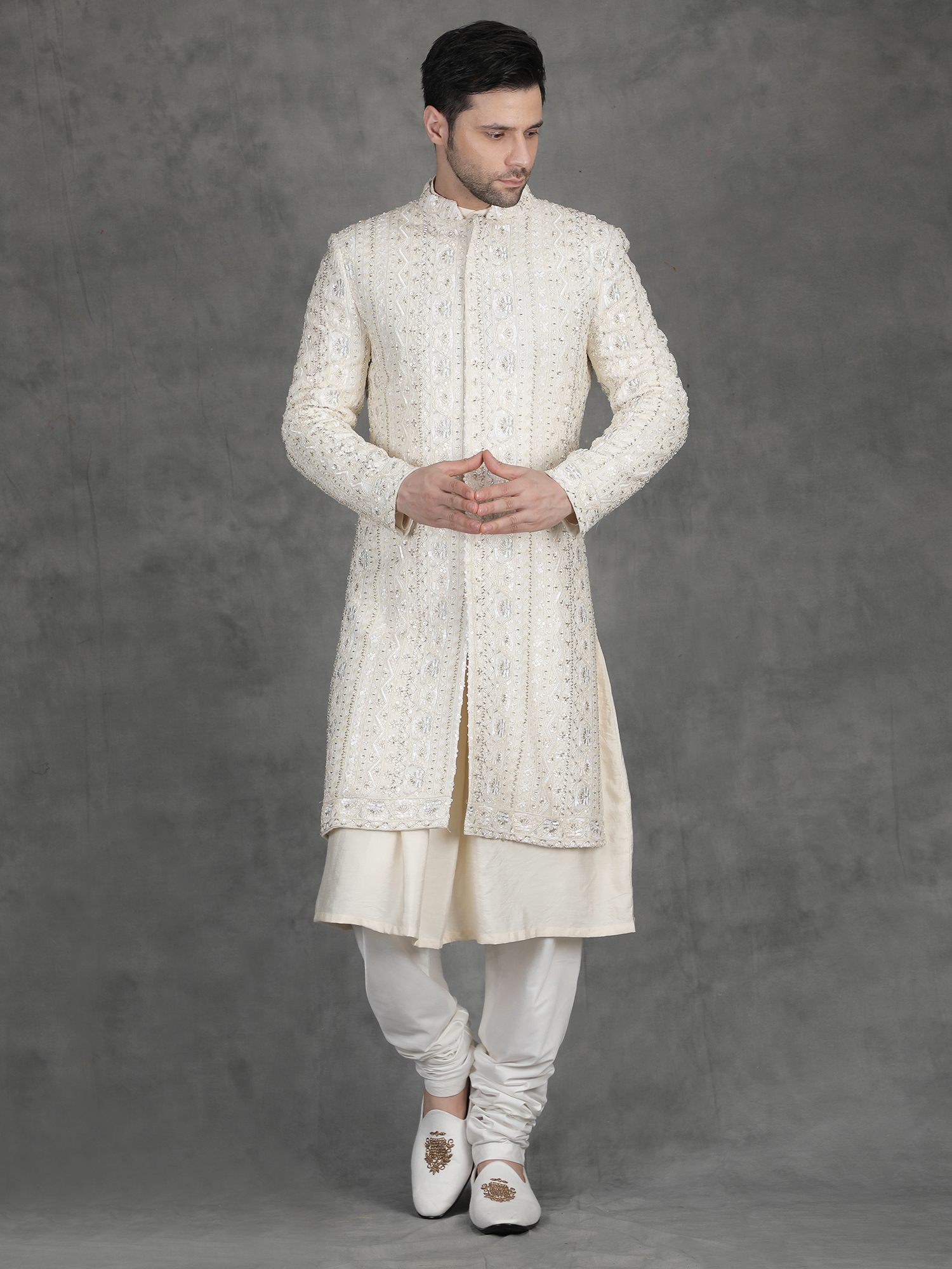 Ivory Sequin Embroidery Sherwani for Groom - Image 4