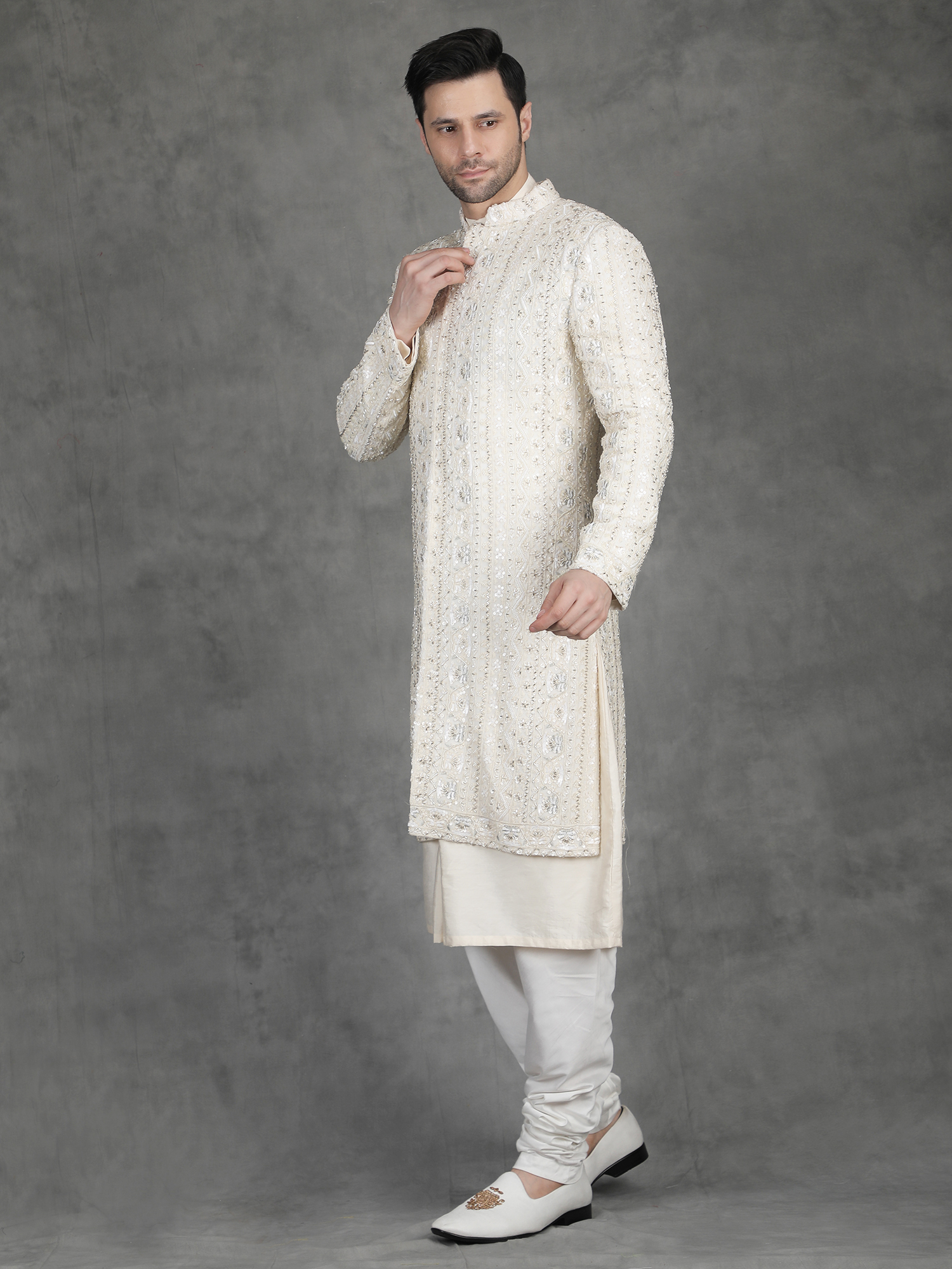 Ivory Sequin Embroidery Sherwani for Groom - Image 6