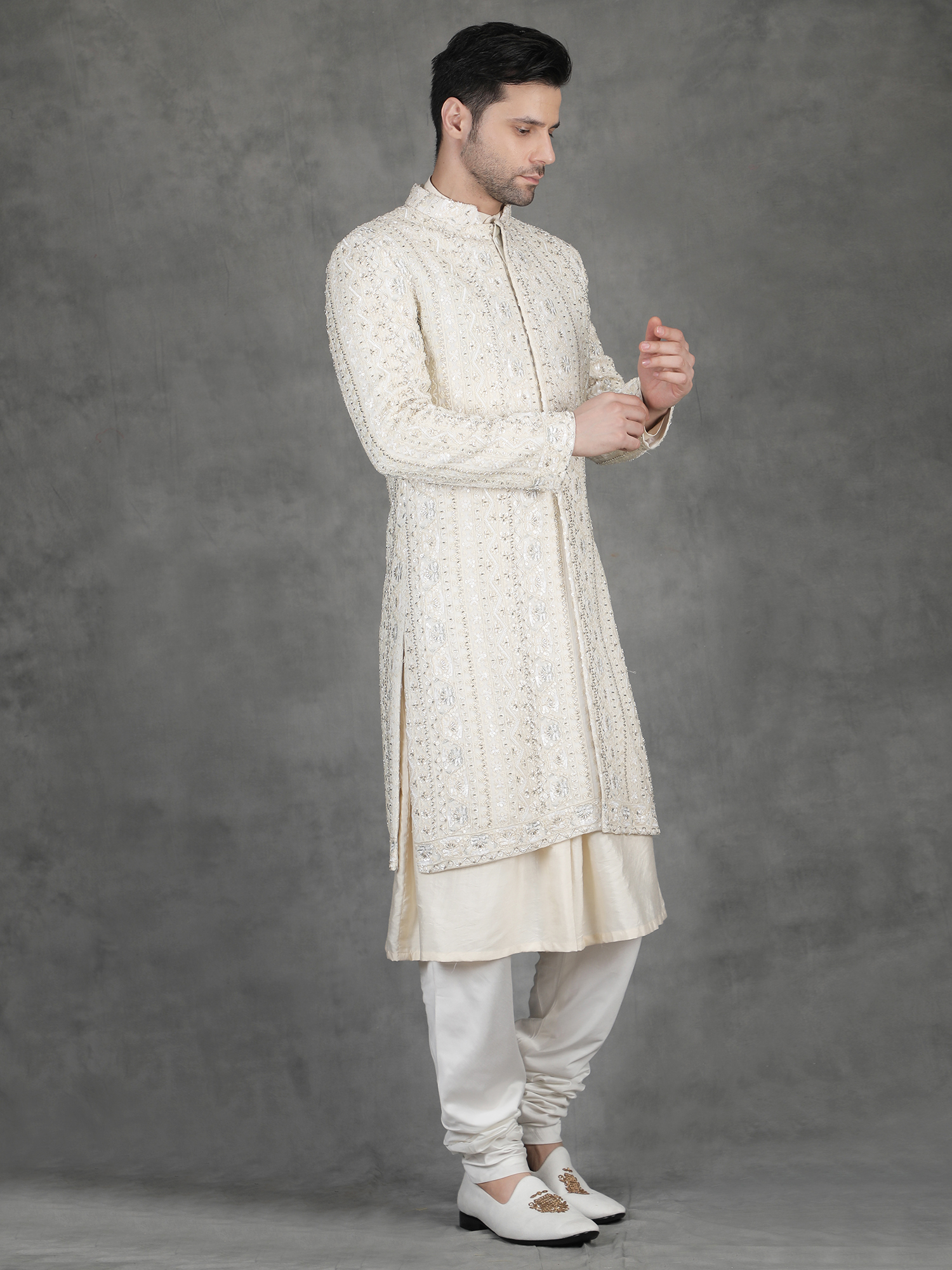 Ivory Sequin Embroidery Sherwani for Groom - Image 3