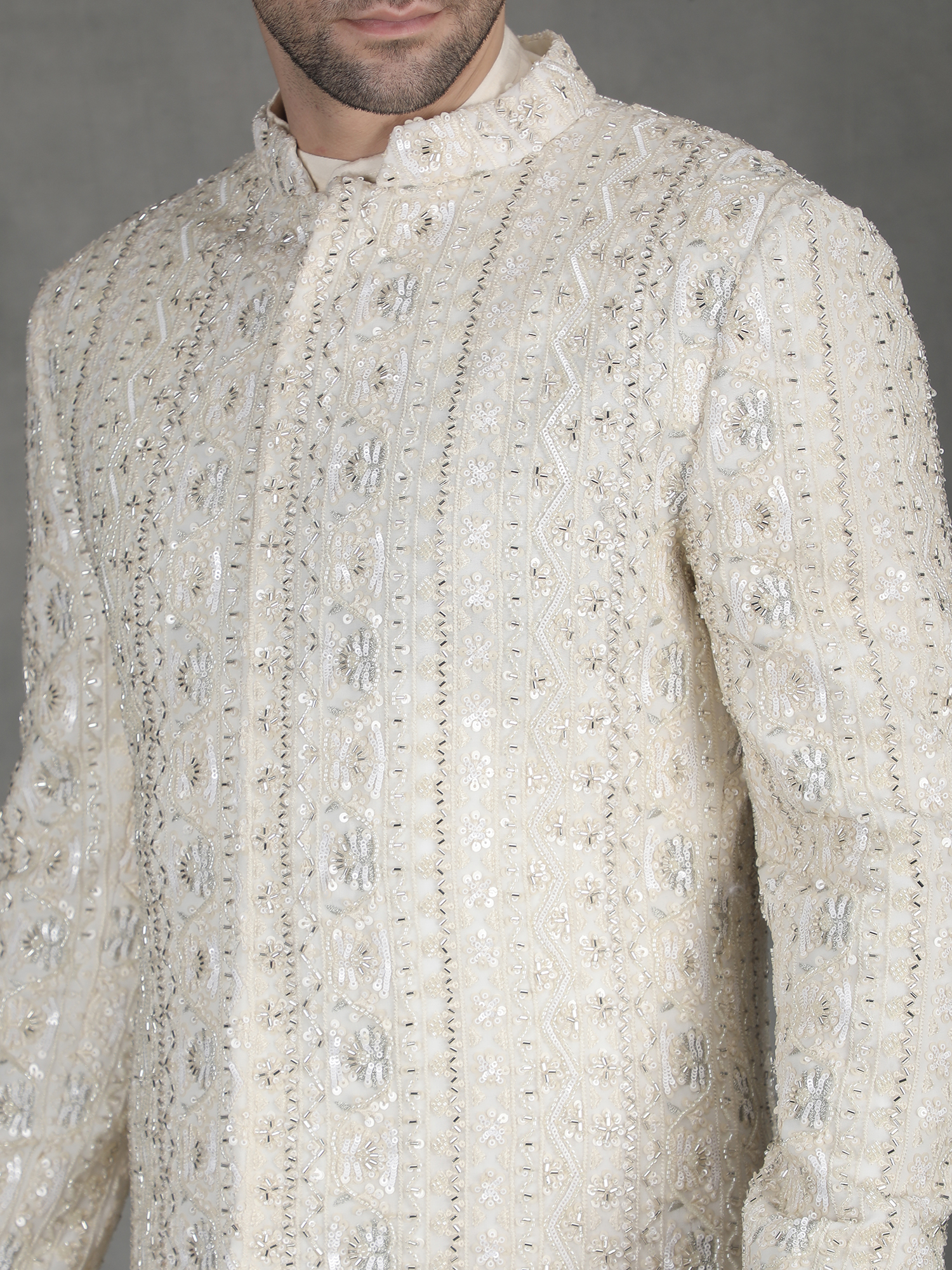 Ivory Sequin Embroidery Sherwani for Groom - Image 5