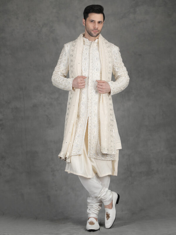 Ivory sequin embroidery sherwani for groom with detailed vertical pattern and premium handcrafted work