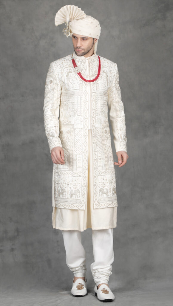 Ivory Embroidery Sherwani for groom with intricate traditional design and royal wedding look