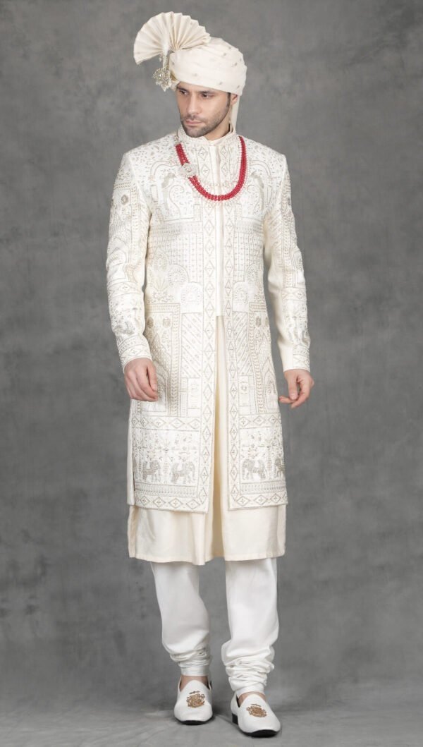 ivory embroidered wedding sherwani for groom