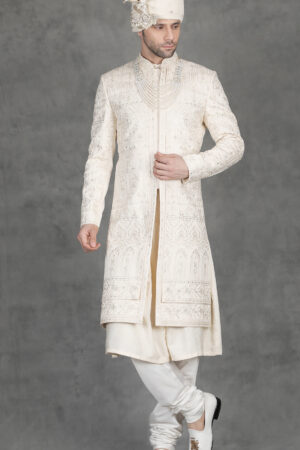 Ivory Silk Sherwani with Architectural Resham & Sequin Embroidery