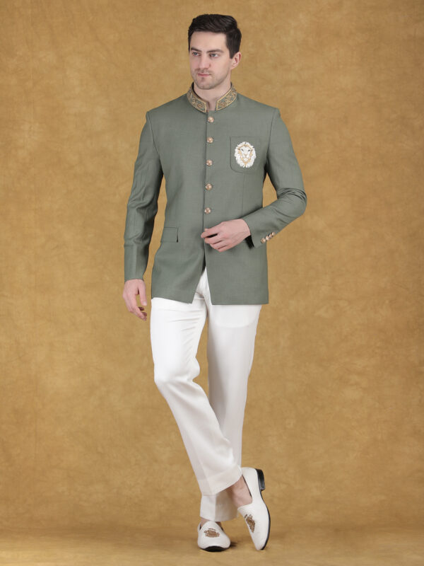 Forest Green Bandhgala Blazer with Embroidered Collar & Lion Crest