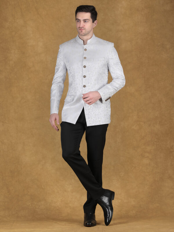 Silver reception bandhgala in jacquard fabric with woven floral pattern and textured design