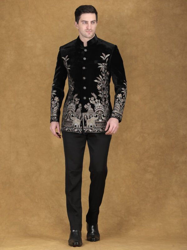 Black velvet reception bandhgala with gold zari embroidery featuring floral and ornamental border design