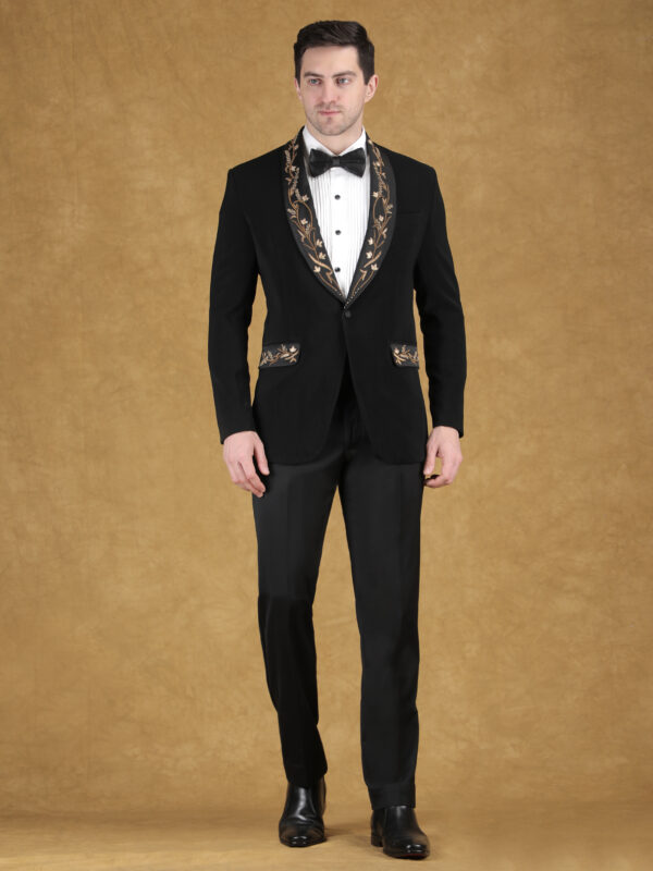 Black tuxedo blazer with gold zari embroidery on lapel reception wear