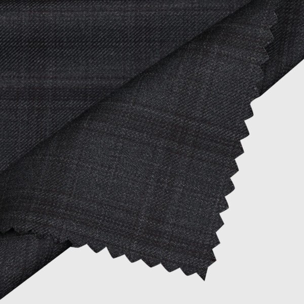 Shadow plaid suiting fabric featuring a subtle dark charcoal plaid pattern on a finely woven texture, premium formal wear material ideal for tailored suits, blazers, trousers, waistcoats, and sophisticated business attire.