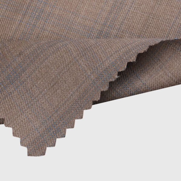 Beige windowpane check suiting fabric featuring an elegant blue check pattern on a finely woven texture, premium formal wear material ideal for tailored suits, blazers, trousers, waistcoats, and sophisticated business attire.
