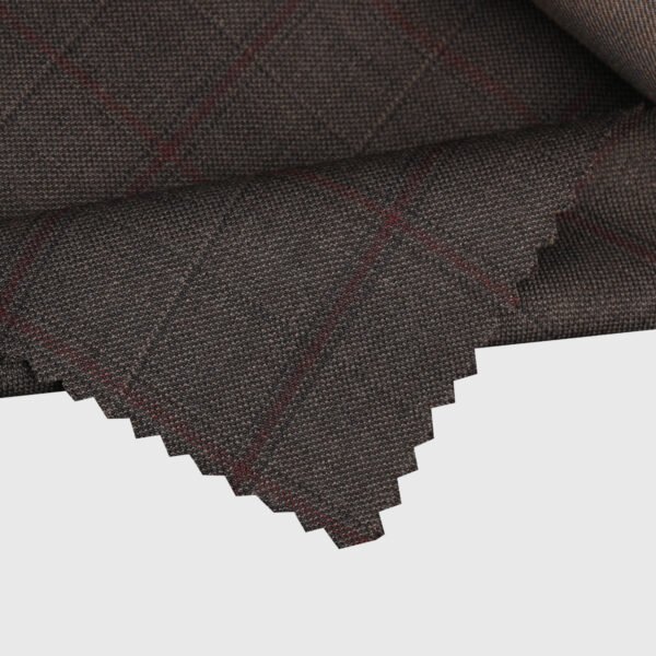 Taupe windowpane check suiting fabric featuring elegant burgundy check lines on a finely textured weave, premium formal wear material ideal for tailored suits, blazers, trousers, waistcoats, and sophisticated business attire.