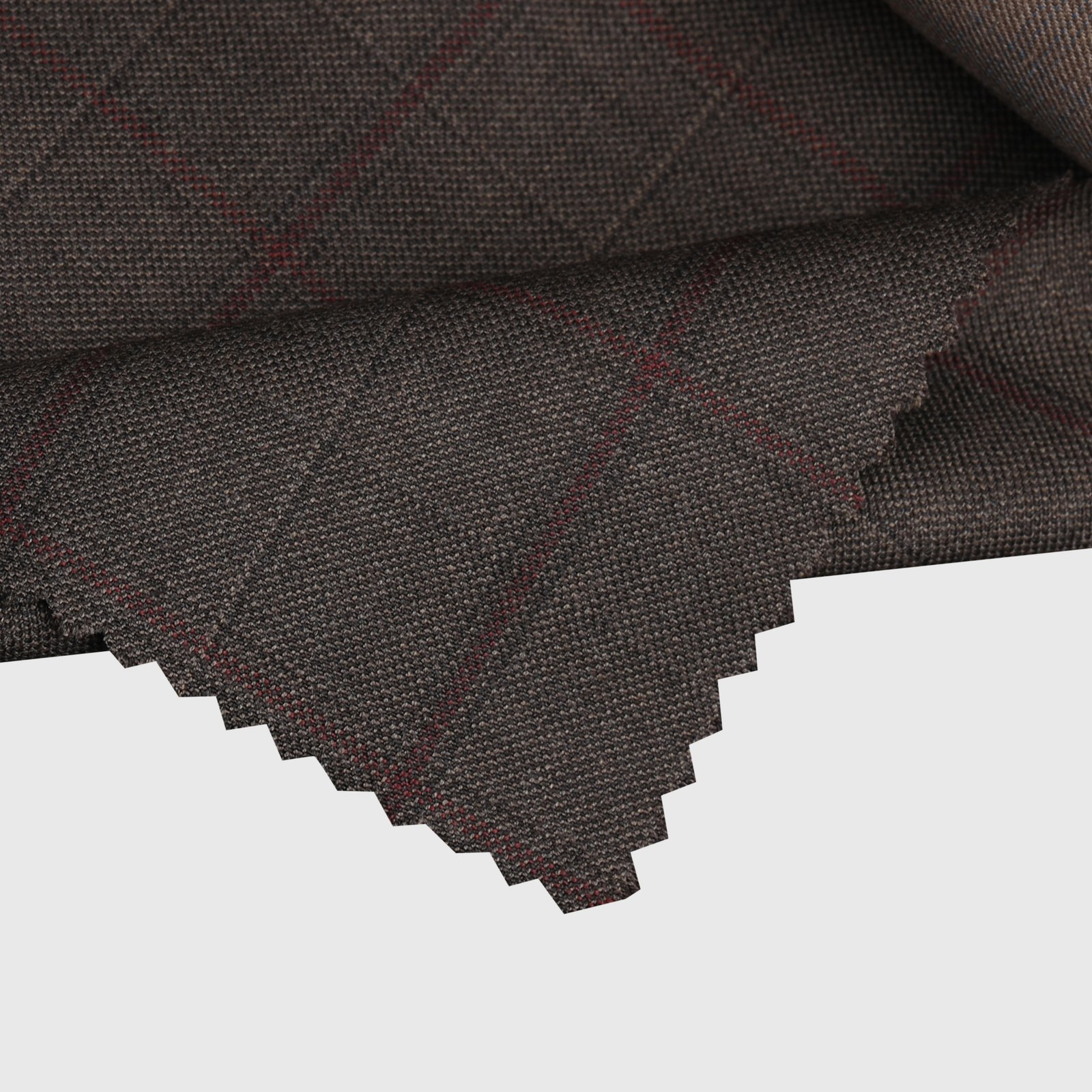 Taupe windowpane check suiting fabric featuring elegant burgundy check lines on a finely textured weave, premium formal wear material ideal for tailored suits, blazers, trousers, waistcoats, and sophisticated business attire.