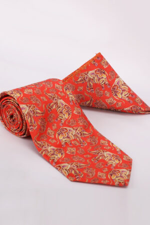 Luxury Orange Gold Floral Jacquard Tie & Pocket Square Set