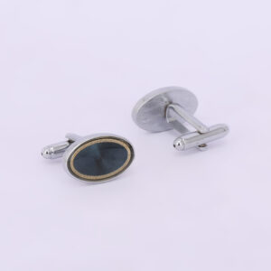 Silver-Tone Oval Deep Blue Stone Cufflinks with Gold Rim