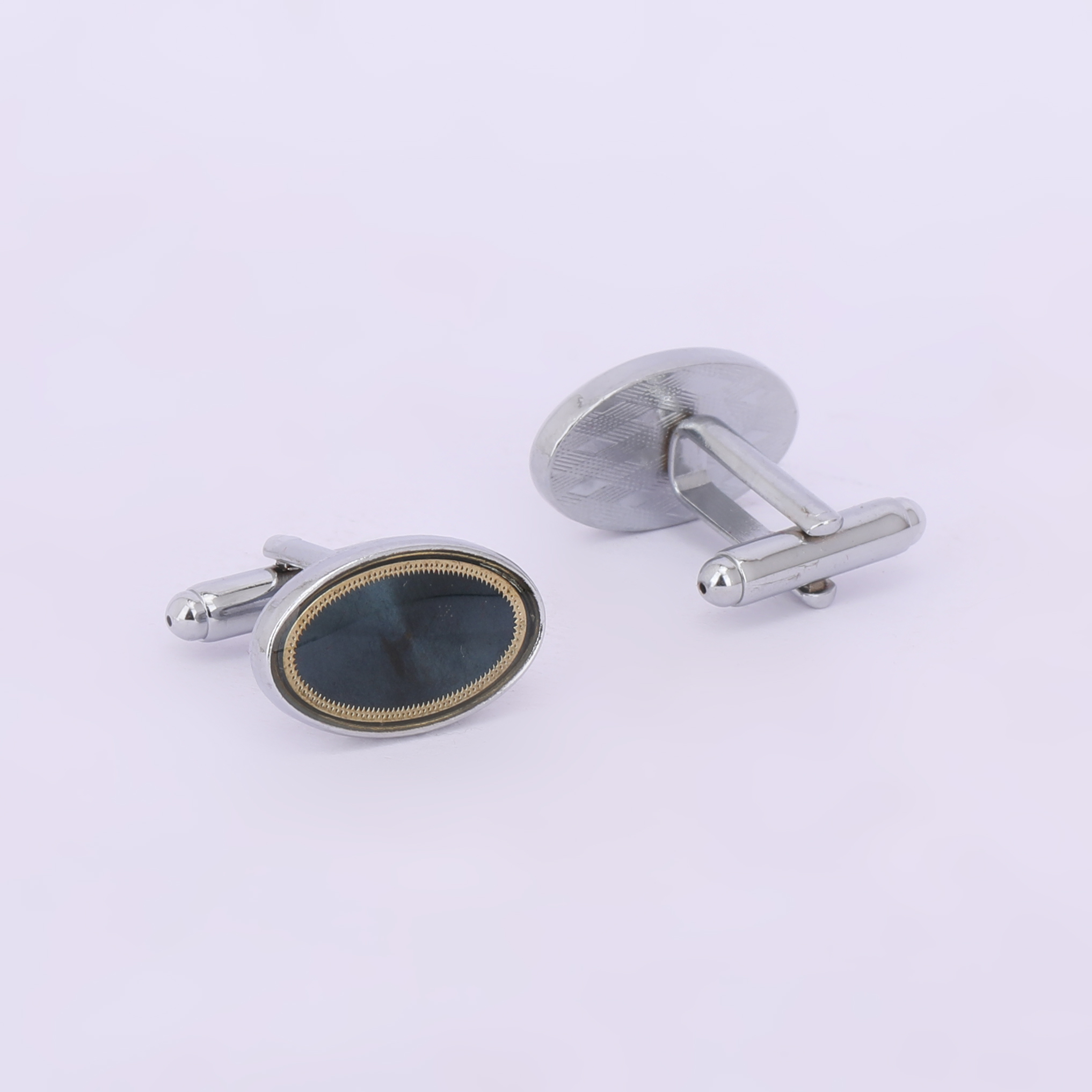 Silver-Tone Oval Deep Blue Stone Cufflinks with Gold Rim