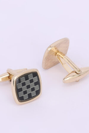 Gold-Tone Square Black Checkered Designer Cufflinks