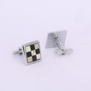 Silver-Tone Square Black & Ivory Checkerboard Designer Cufflinks