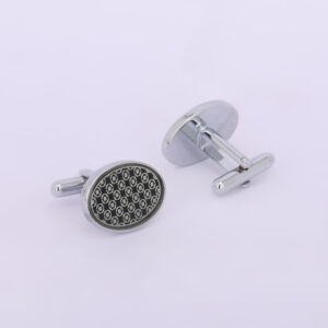 Silver-Tone Round Olive Micro-Grid Designer Cufflinks
