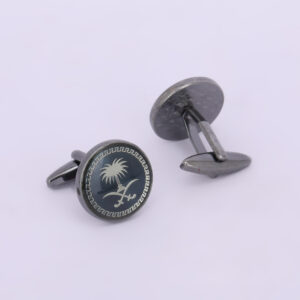 Gunmetal Round Smoky Blue Crest Motif Designer Cufflinks