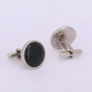 Silver-Tone Oval Black Gloss Designer Cufflinks