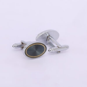 Silver-Tone Oval Black Stone Cufflinks with Gold Rim