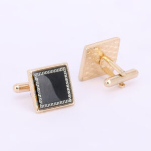Gold-Tone Square Black Stone Cufflinks with Textured Frame