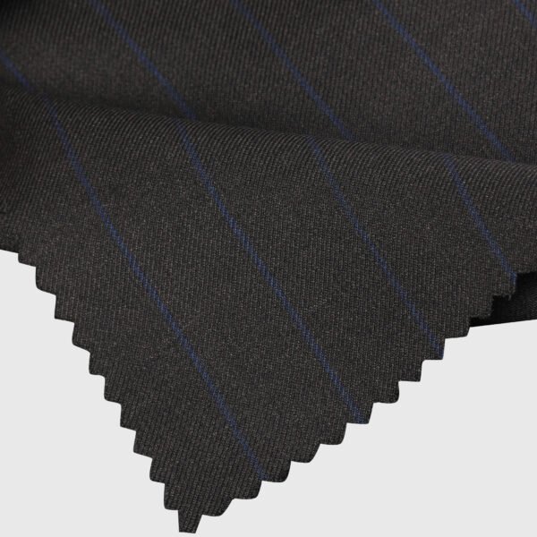 Blue Chalk Suiting premium dark charcoal suiting fabric option with royal blue chalk stripes for custom suits, tuxedos and blazers by Deshi Coast