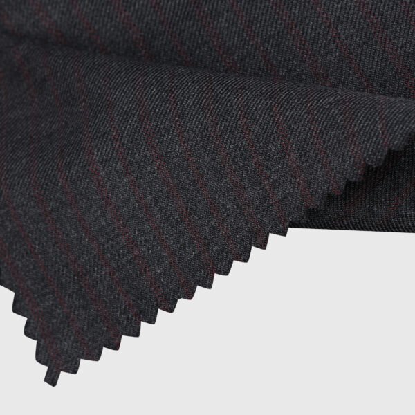 Burgundy Stripe Suiting premium fabric option in dark charcoal with burgundy pinstripes for custom suits, tuxedos and blazers by Deshi Coast