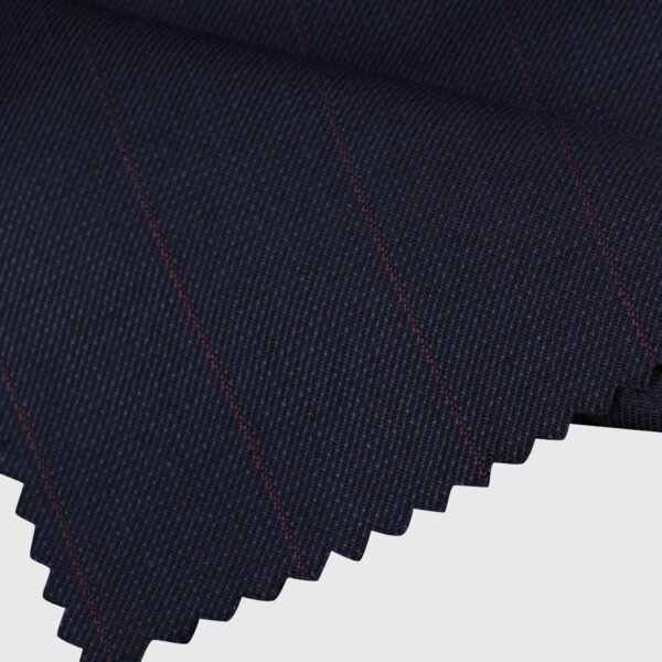 Crimson Pin Suiting premium navy fabric option with fine crimson pinstripes for custom suits, tuxedos and blazers by Deshi Coast