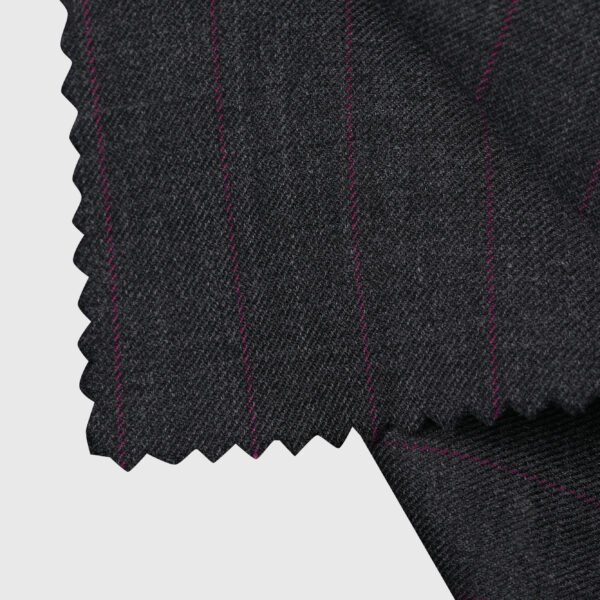Ruby Line Suiting premium charcoal suiting fabric option with elegant ruby pinstripes for custom suits, tuxedos and blazers by Deshi Coast