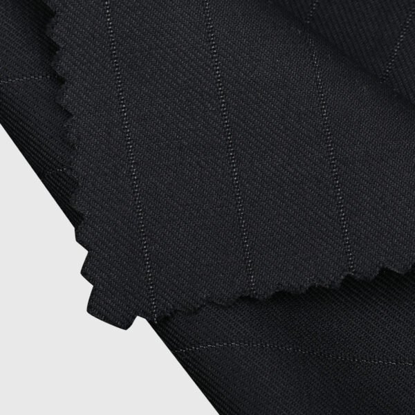 Silver Stripe Suiting premium black suiting fabric option with fine silver pinstripes for custom suits, tuxedos and blazers by Deshi Coast