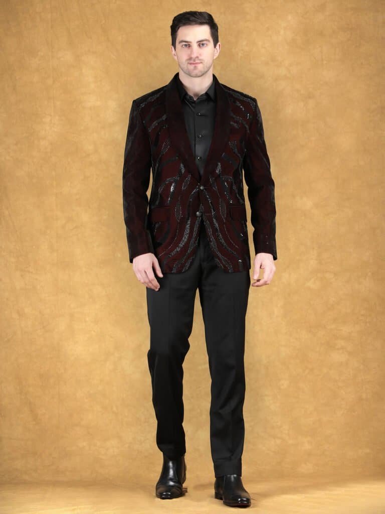Maroon velvet embroidered blazer with sequin work for men party wear