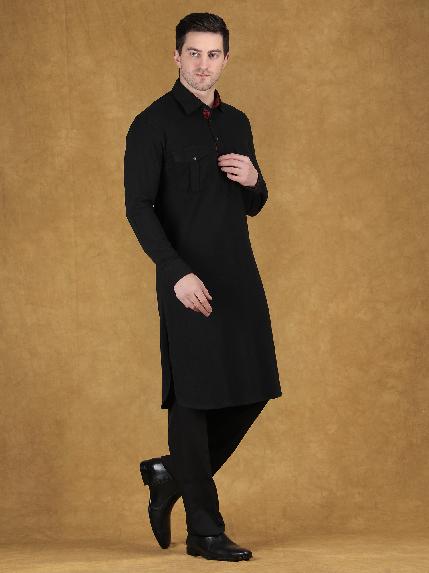Black pathani style kurta set reception with chest pocket design