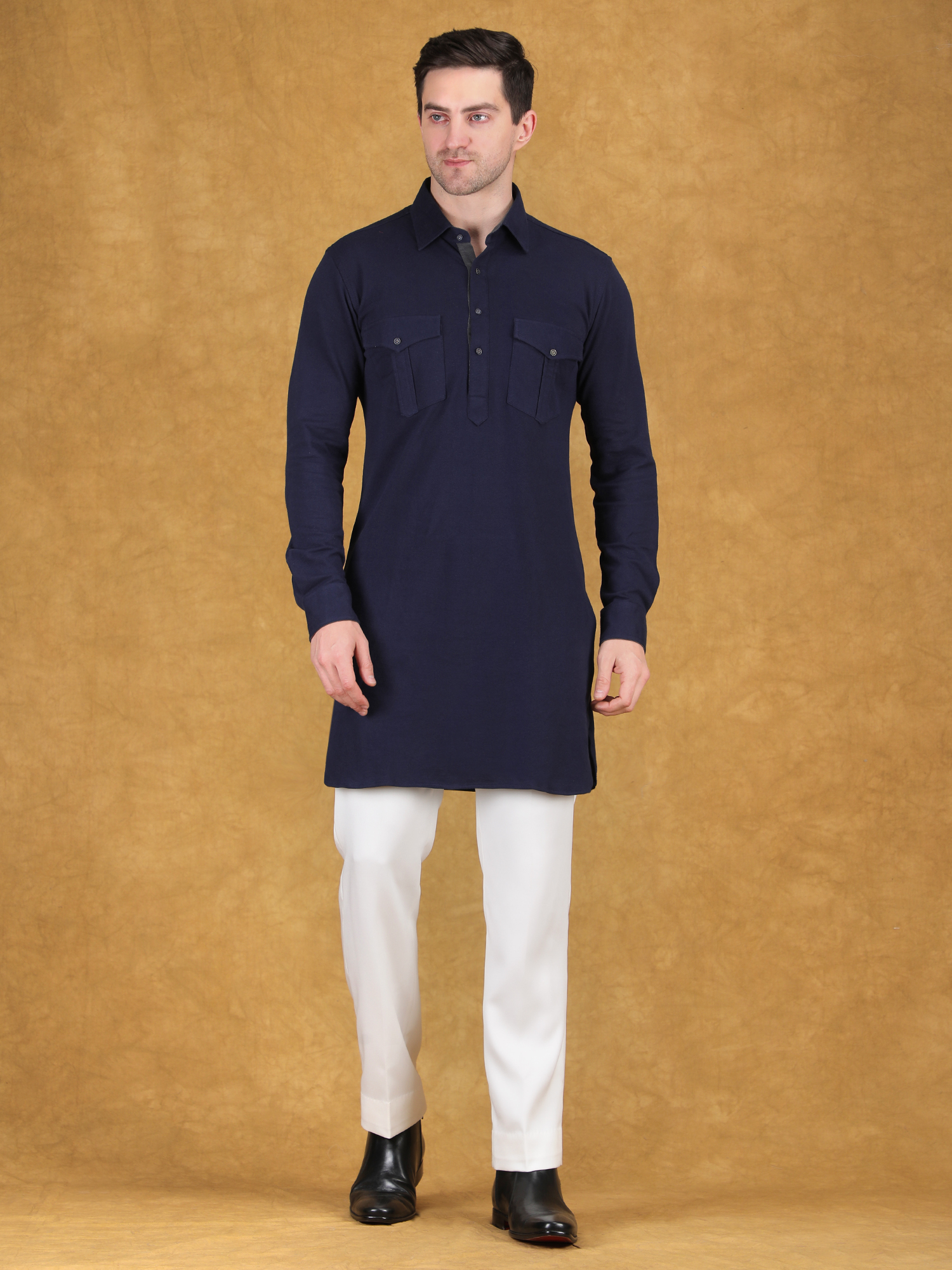 Navy Knitted Pathani Kurta Set for Reception - Image 2